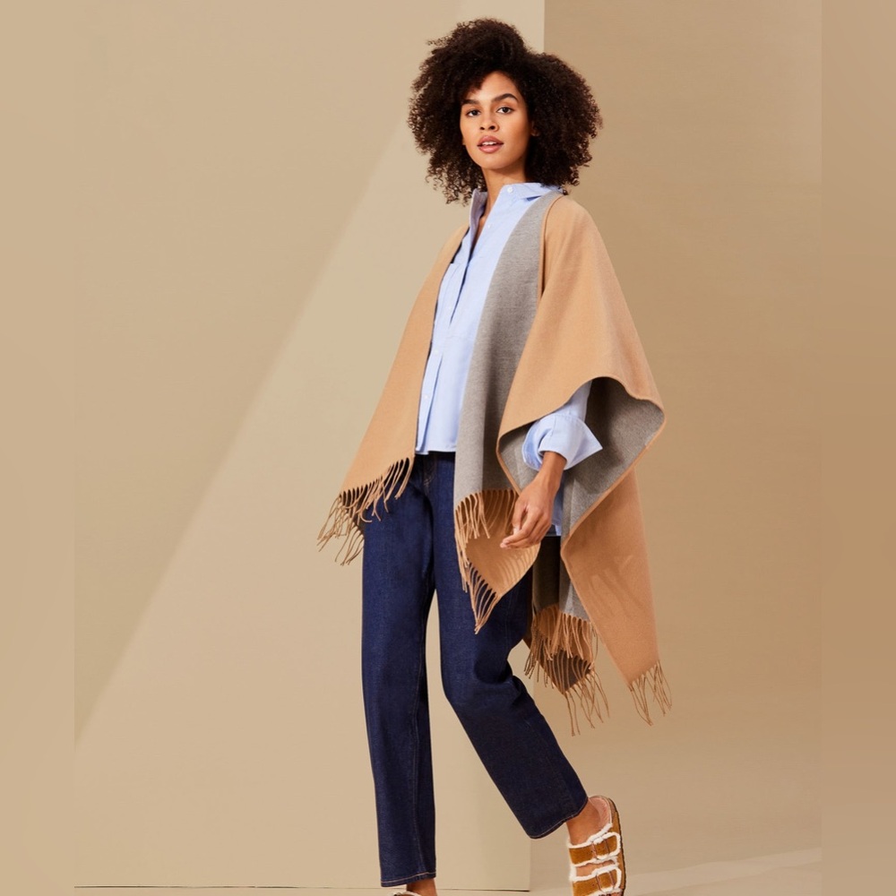 Echo New York Double Face Reversible Colour Block Ruana Fringed Poncho Wrap